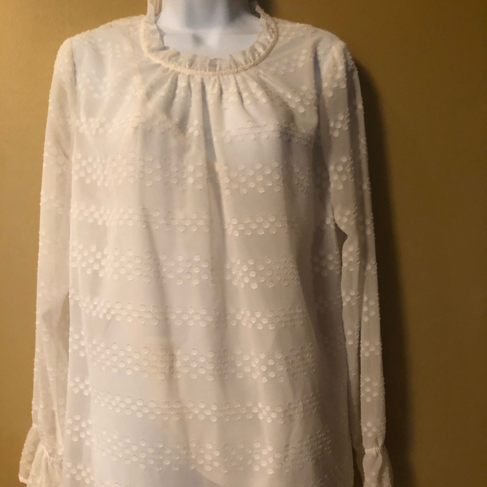 Off white blouse attached cami ruffled neck/sleeve